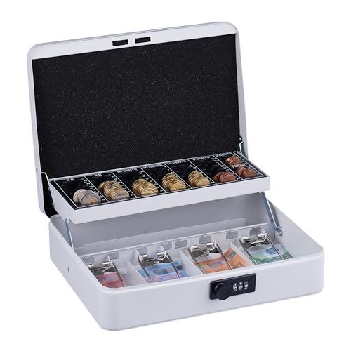 Relaxdays Geldkassette, 3-stellige Zahlenkombination, Münzeinsatz, Geldkasten Eisen, H x B x T: 8,5 x 30,5 x 25 cm, weiß von Relaxdays