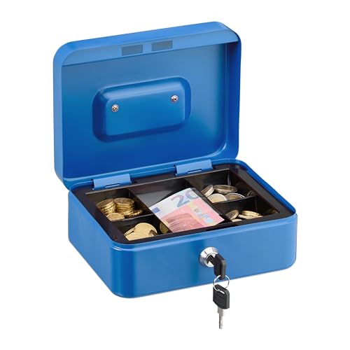 Relaxdays Geldkassette abschließbar, entnehmbarer Einsatz, 5 Fächer, Geldkasten Eisen, HxBxT: 8,5 x 20 x 17 cm, blau von Relaxdays