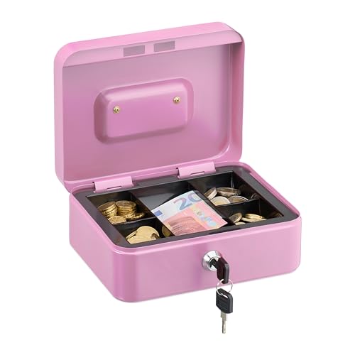Relaxdays Geldkassette abschließbar, entnehmbarer Einsatz, 5 Fächer, Geldkasten Eisen, HxBxT: 8,5 x 20 x 17 cm, pink von Relaxdays