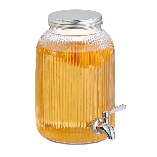 Relaxdays Getränkespender, dekorativer Limobehälter 4L, Zapfhahn u. Deckel, Wasserspender, Glas & Edelstahl, transparent von Relaxdays