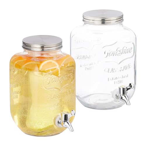 Relaxdays Getränkespender 2er Set, Limobehälter 4L, Zapfhahn und Deckel, Wasserspender, Glas & Kunststoff, transparent von Relaxdays
