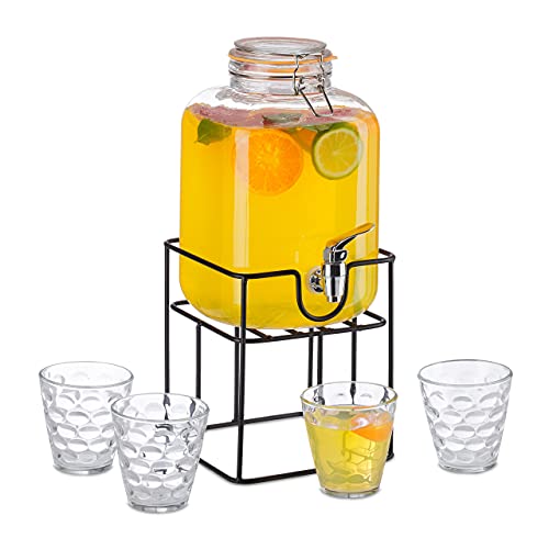 Relaxdays Getränkespender Set, Glas Wasserspender 4,2 L, 4 Trinkgläser, Ständer, Saftspender mit Zapfhahn, transparent von Relaxdays