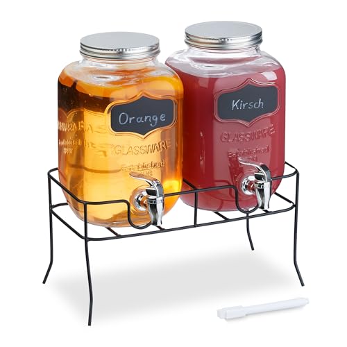 Relaxdays Getränkespender mit Ständer, 2er Set, Limobehälter 4L, Zapfhahn und Deckel, Wasserspender, Glas, transparent von Relaxdays