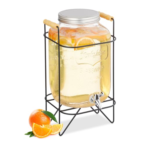 Relaxdays Getränkespender mit Ständer, Limobehälter 8 l, Zapfhahn und Deckel, Wasserspender, Glas, transparent/schwarz von Relaxdays