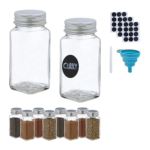 Relaxdays Gewürzgläser 10er Set, Streueinsatz, Gewürzdosen Glas, 120 ml, inkl. Etiketten, Stift & Trichter, transparent von Relaxdays
