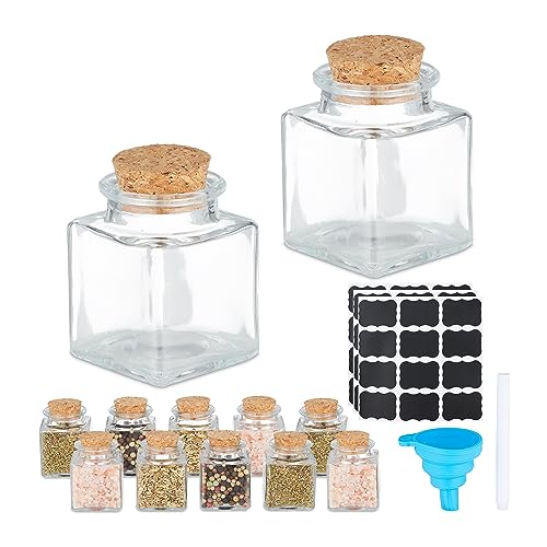 Relaxdays Gewürzgläser 12er Set, Gewürzdosen Glas, 50 ml, mit Etiketten, Stift & Trichter, Korkdeckel, transparent/Natur, Kork, Silikon von Relaxdays