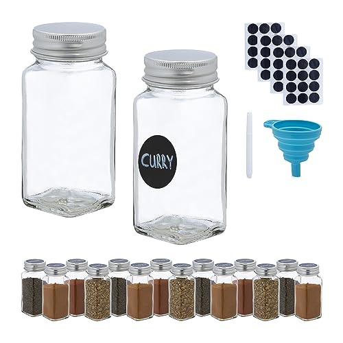 Relaxdays Gewürzgläser 16er Set, Streueinsatz, Gewürzdosen Glas, 120 ml, inkl. Etiketten, Stift & Trichter, transparent von Relaxdays