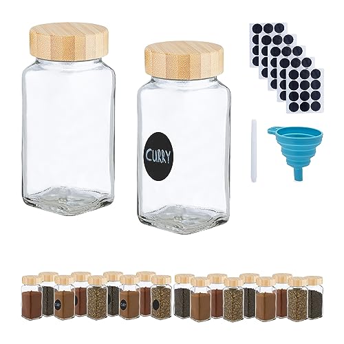 Relaxdays Gewürzgläser 20er Set, Streueinsatz, Gewürzdosen Glas, 120 ml, Etiketten, Stift & Trichter, transparent/Natur von Relaxdays