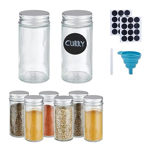 Relaxdays Gewürzgläser 8er Set, Streueinsatz, Gewürzdosen Glas, 120 ml, Etiketten, Stift & Trichter, transparent/Silber von Relaxdays