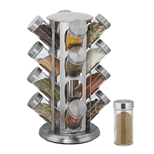 Relaxdays Gewürzkarussell, mit 16 Gewürzgläsern, 360° drehbar, Edelstahl, Glas, HxD 33 x 22 cm, Gewürzregal rund, silber von Relaxdays
