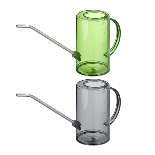 Relaxdays Gießkanne, 2er Set, 1 l, Kunststoff, Edelstahl, Blumengießkanne für Zimmerpflanzen, grau/grün von Relaxdays