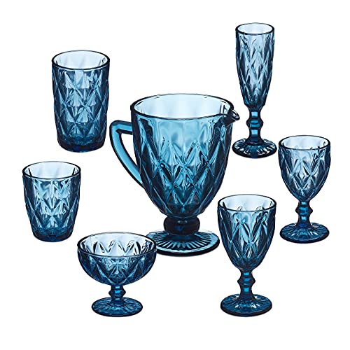 Relaxdays Gläser Set, 7-teilig, Krug, Eisbecher, Sektglas, je 2 Trinkgläser & Weingläser, Gläser spülmaschinenfest, blau, 10036049, 19.5 x 19.5 x 14 cm von Relaxdays