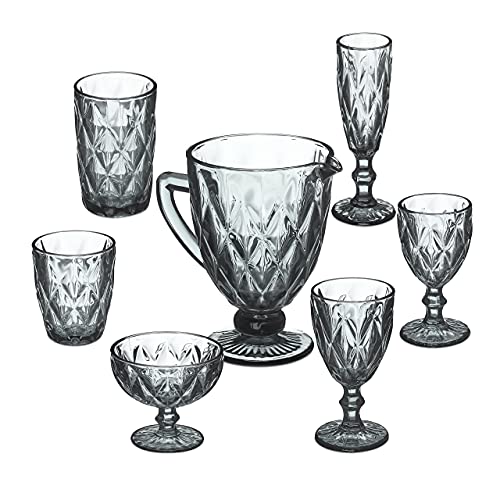 Relaxdays Gläser Set, 7-teilig, Krug, Eisbecher, Sektglas, je 2 Trinkgläser & Weingläser, Gläser spülmaschinenfest, grau von Relaxdays