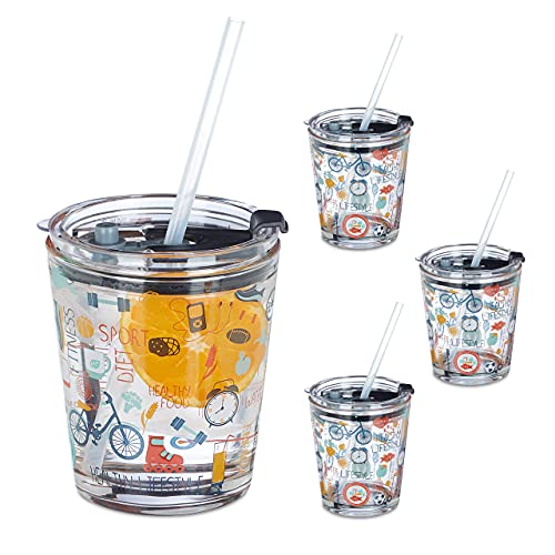 Relaxdays Glasbecher mit Deckel & Strohhalm, 4er Set, mit Sport-Motiv, 350 ml, Trinkgläser für Kinder, transparent von Relaxdays