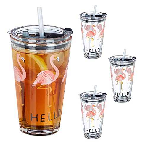 Relaxdays Glasbecher mit Deckel & Strohhalm, 4er Set Flamingo Gläser, 450 ml, spülmaschinenfest, Trinkglas, transparent von Relaxdays