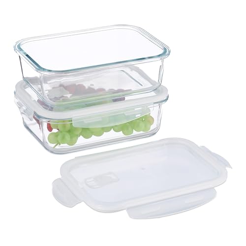 Relaxdays Glasbehälter mit Deckel, 2er Set, 1520ml, Frischhaltedosen, Kunststoffdeckel, luftdicht, Glasdose, transparent von Relaxdays