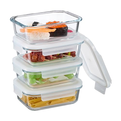 Relaxdays Glasbehälter mit Deckel, 4er Set, 640 ml, Frischhaltedosen, Kunststoffdeckel, luftdicht, Glasdose, transparent von Relaxdays