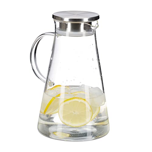 Relaxdays Glaskaraffe, 1,8 l, mit Deckel, Wasser, Saft, Aromawasser, spülmaschinenfest, Wasserkrug, transparent/silber, 24 x 14 x 18 cm von Relaxdays