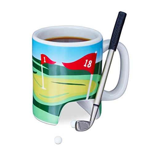 Relaxdays Golftasse mit Schläger, Putter mit Kugelschreiber, 2 Golfbälle, lustiges Golfgeschenk, Golf Kaffeetasse, bunt, 4-teiliges Set, 1 Stück (1er Pack) von Relaxdays