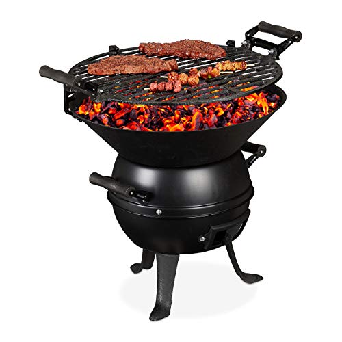 Relaxdays Grillfass, Gusseisen und Stahl, höhenverstellbar, tragbar, Barbecue Holzkohlegrill, Grillrost Ø 35 cm, schwarz, 39 x 46 x 36 cm von Relaxdays