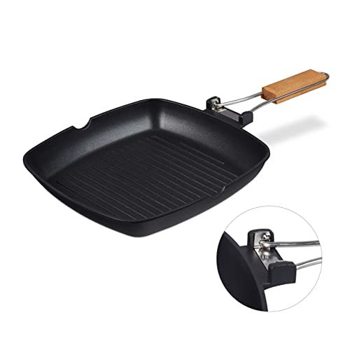 Relaxdays Grillpfanne, abnehmbarer Holzgriff, antihaftbeschichtet, BBQ Bratpfanne mit Rillen, Aluminium, schwarz, 5.5 x 51 x 29 cm von Relaxdays