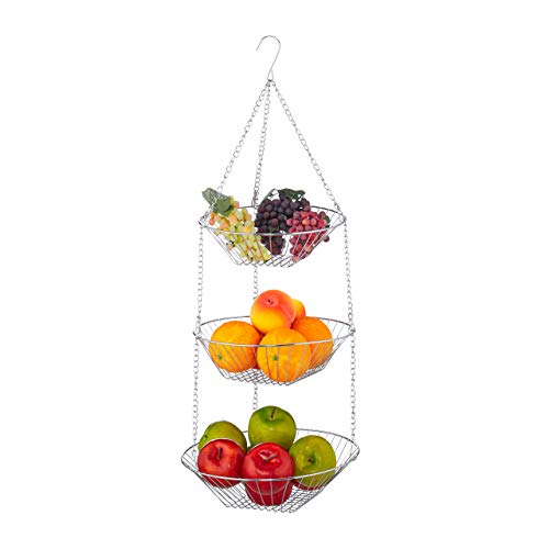 Relaxdays Hängekorb 3 Etagen, hängende Obstkörbe, 3er Etagere für die Decke, Obst, platzsparend in Küche, Stahl, silber, 73 x 28 x 28 cm von Relaxdays