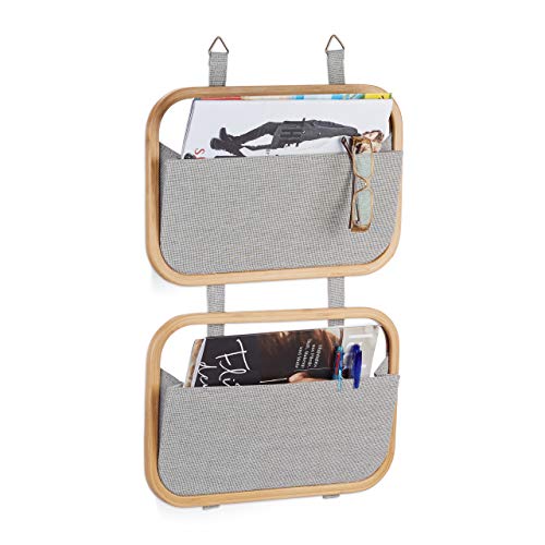 Relaxdays Hängeorganizer Bambus, Organizer mit 2 Aufbewahrungstaschen, für Tür & Wand, HBT: 60 x 40 x 1,5 cm, natur/grau von Relaxdays