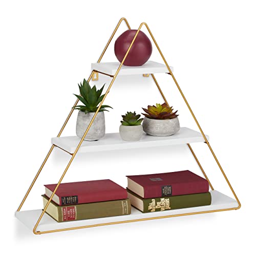 Relaxdays Hängeregal Pyramide, 3 Ablagen, Wandregal HBT 54 x 62 x 15 cm, belastbar, Wandmontage, MDF & Eisen, weiß/Gold von Relaxdays