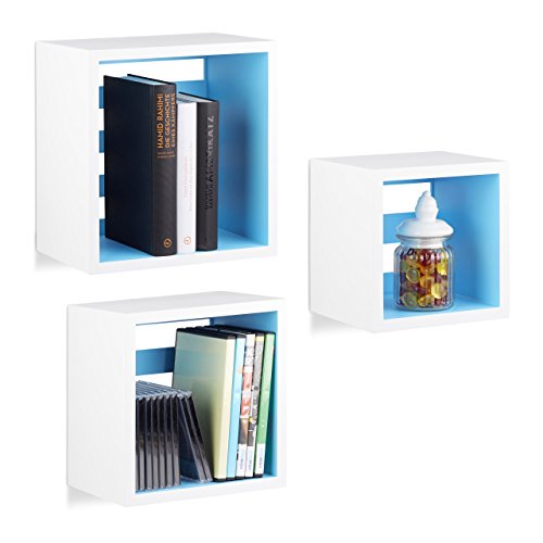 Relaxdays Hängeregale Cube, Wandregal 3er Set, quadratische Würfel Regale für Wand, schwebende Regale, MDF, weiß/blau von Relaxdays