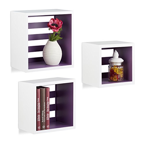 Relaxdays Hängeregale Cube, Wandregal 3er Set, quadratische Würfel Regale für Wand, schwebende Regale, MDF, weiß/violett von Relaxdays