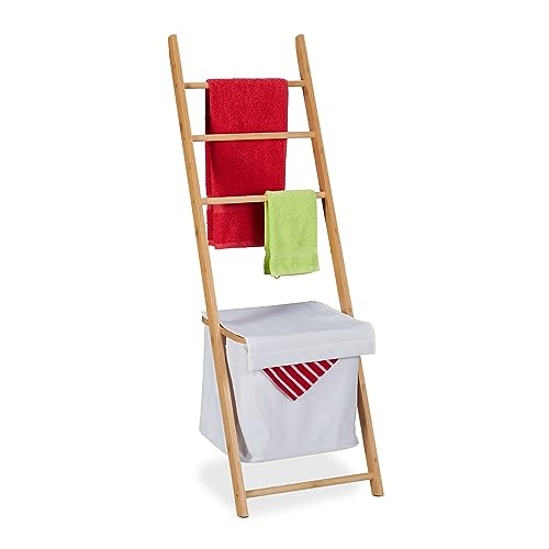 Relaxdays Handtuchhalter, entnehmbarer Wäschekorb, 3 Stangen, HBT: 140 x 45 x 34 cm, Bambus Handtuchleiter, natur/ weiß von Relaxdays