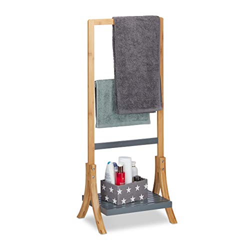 Relaxdays Handtuchhalter Bambus, mit Ablage & 3 Handtuchstangen, freistehender Handtuchständer, 103x41x28cm, Natur/grau, MDF, 10024982, Handtuchhalter Bambus + MDF grau von Relaxdays