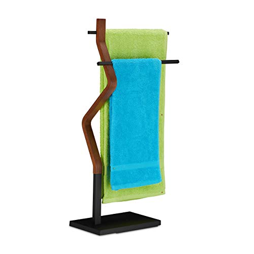 Relaxdays Handtuchhalter stehend, Handtuchständer, 2 Stangen, für Hand- & Geschirrtücher, Holz & Metall, schwarz/braun, 1 Stück von Relaxdays
