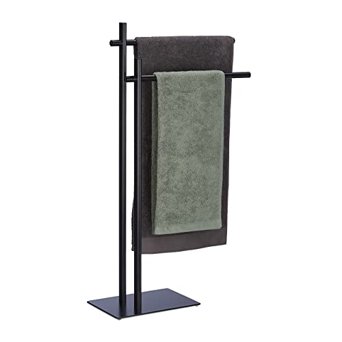 Relaxdays Handtuchhalter stehend, Handtuchständer mit 2 Armen, HBT: 87,5 x 51 x 20 cm, Stahl, Kleiderablage Bad, schwarz von Relaxdays