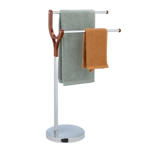 Relaxdays Handtuchhalter stehend, Handtuchständer mit 2 Stangen, für Hand-& Badetücher, Metall und MDF, Silber/braun, 1 Stück von Relaxdays
