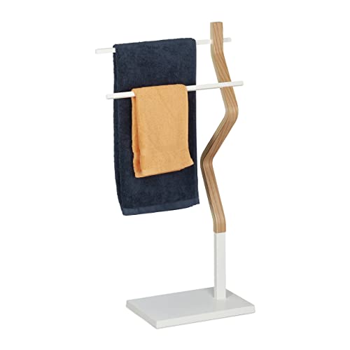 Relaxdays Handtuchhalter stehend, Handtuchständer mit 2 Stangen, für Hand-& Geschirrtücher, Holz & Metall, weiß/Natur, 1 Stück von Relaxdays