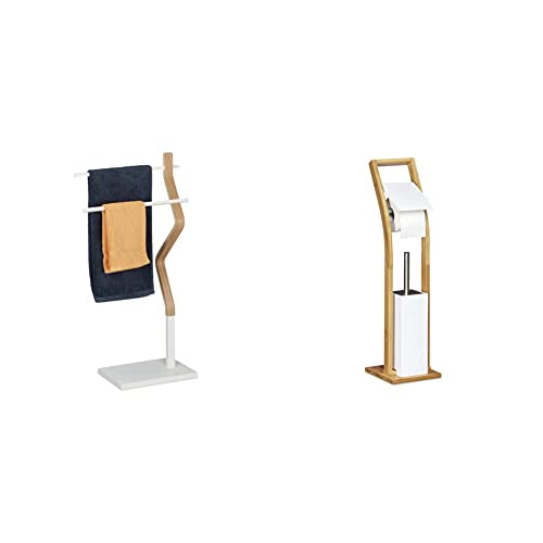Relaxdays Handtuchhalter stehend, Handtuchständer mit 2 Stangen, weiß/Natur & Stand WC Garnitur Holz HBT 75 x 19 x 19 cm Toilettenbürstenhalter aus Bambus weiß von Relaxdays