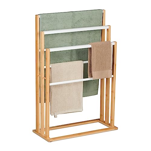 Relaxdays Handtuchständer, 6 Stangen, Bambus, H x B x T: 82 x 55 x 24 cm, freistehend, Bad Duschtuchhalter, Natur/weiß von Relaxdays