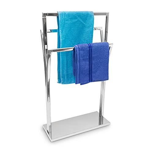 Relaxdays Handtuchständer geschwungen H x B x T: ca. 86 x 50 x 20 cm freistehender Handtuchhalter in Edelstahl-Optik mit 3 Handtuchstangen als Badehandtuchhalter und kleiner Kleiderbutler, silber von Relaxdays