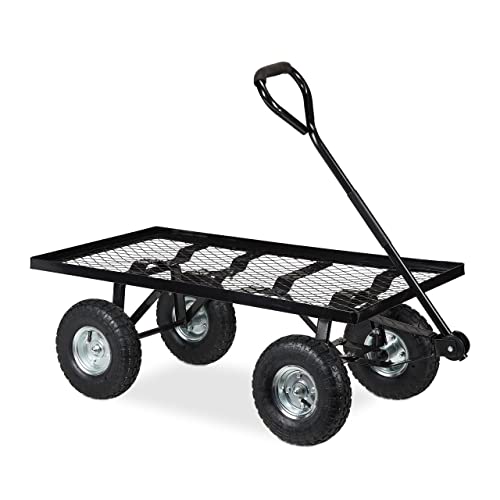 Relaxdays Handwagen flach, Garten, mit Luftbereifung, HxBxT: 34,5 x 51 x 96 cm, bis 200 kg, Stahl Bollerwagen, schwarz von Relaxdays