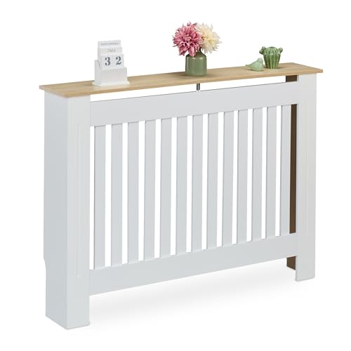 Relaxdays Heizkörperverkleidung, Lamellen, HBT 83x112x19 cm, für alte Heizkörper, Heizungsabdeckung mit Regal, MDF, weiß von Relaxdays