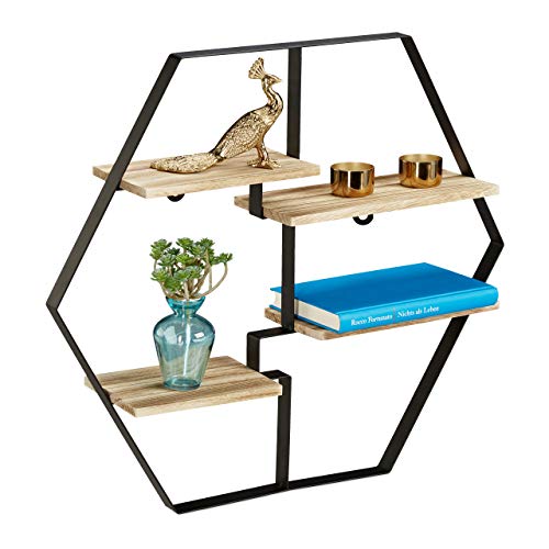 Relaxdays Hexagon Regal für die Wand, 4 Ablagen, Holz & Eisen, sechseckiges Wandregal HBT 52x60x12 cm, schwarz/natur von Relaxdays