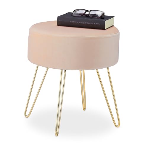 Relaxdays Hocker Samt, Haarnadelbeine, gepolsterter Sitzhocker, H x D: 40 x 37 cm, Couchhocker Wohnzimmer, beige/Gold von Relaxdays