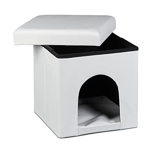 Relaxdays Hundebox Sitzhocker HBT 38 x 38 x 38 cm Stabiler Sitzcube mit praktischer Tierhöhle für Hunde und Katze aus hochwertigem Kunstleder und Deckel zum Abnehmen für Ihren Wohnraum, weiß von Relaxdays