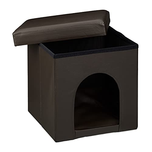 Relaxdays Hundebox Sitzhocker HBT 38 x 38 x 38 cm stabiler Sitzcube mit praktischer Tierhöhle für Hunde und Katze aus hochwertigem Kunstleder und Deckel zum Abnehmen für Ihren Wohnraum, braun von Relaxdays