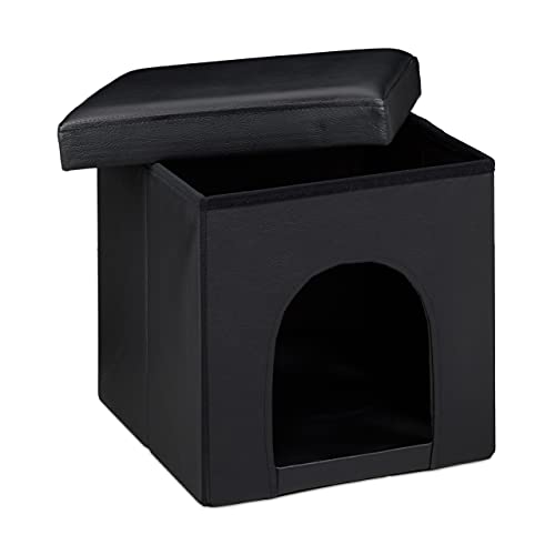 Relaxdays Hundebox Sitzhocker HBT 38 x 38 x 38 cm Stabiler Sitzcube mit praktischer Tierhöhle für Hunde und Katze aus hochwertigem Kunstleder und Deckel zum Abnehmen für Ihren Wohnraum, schwarz, Faltbarer Sitzhocker Hundehütte, Faltbarer Sitzhocker Hundehütte von Relaxdays
