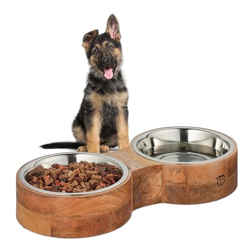 Relaxdays Hundenapfbar, für Hunde, 2 Edelstahlnäpfe, je 2,2l Volumen, HxBxT: 8 x 48 x 22 cm, Futterbar, Natur/Silber von Relaxdays