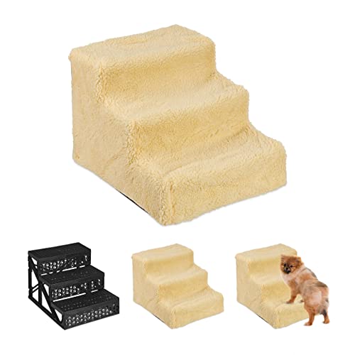 Relaxdays Hundetreppe 3 Stufen, kleine & große Hunde, Bett & Couch, Stoffbezug, Tiertreppe innen, HBT 30x35x45 cm, beige von Relaxdays