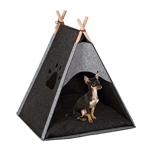 Relaxdays Hundezelt, Haustiertipi für kleine Hunde & Katzen, Filz & Holz, mit Kissen, 70,5 x 59,5 x 59 cm, dunkelgrau, 1 Stück von Relaxdays