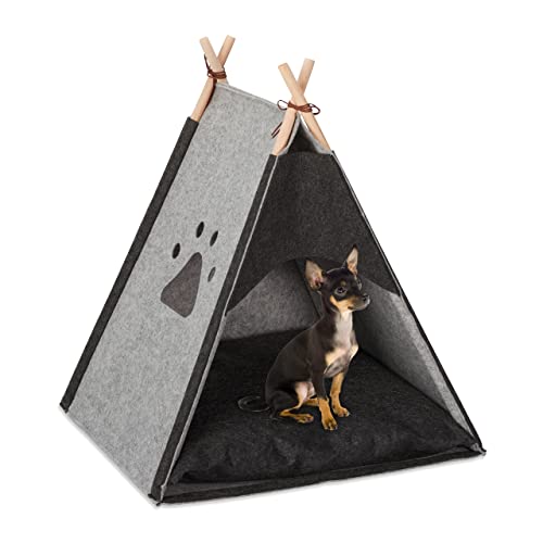 Relaxdays Hundezelt, Haustiertipi kleine für Hunde & Katzen, aus Filz & Holz, mit Kissen, 70,5 x 59,5 x 59 cm, hellgrau von Relaxdays